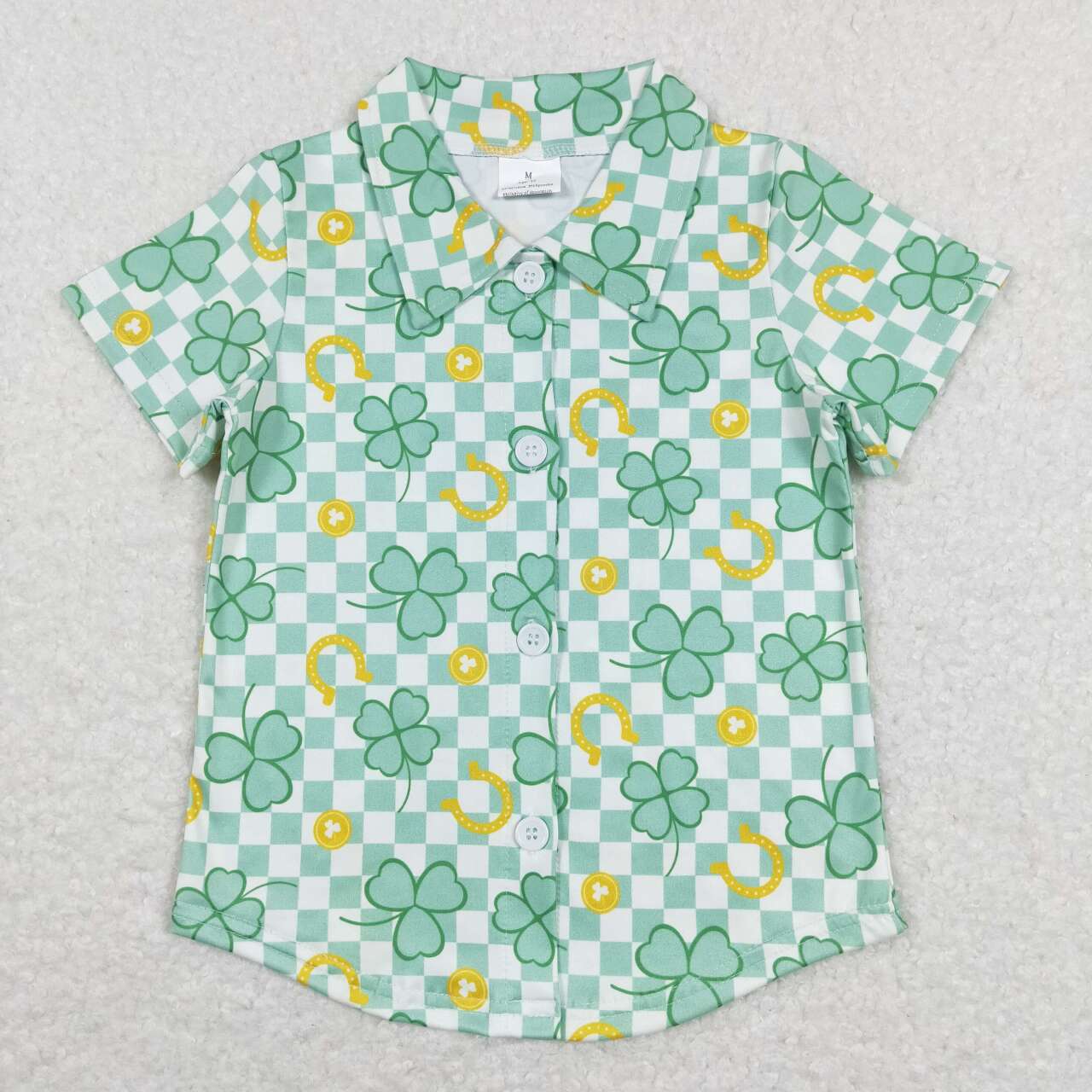 BT0543 Four-leaf clover green plaid button-down short-sleeved top