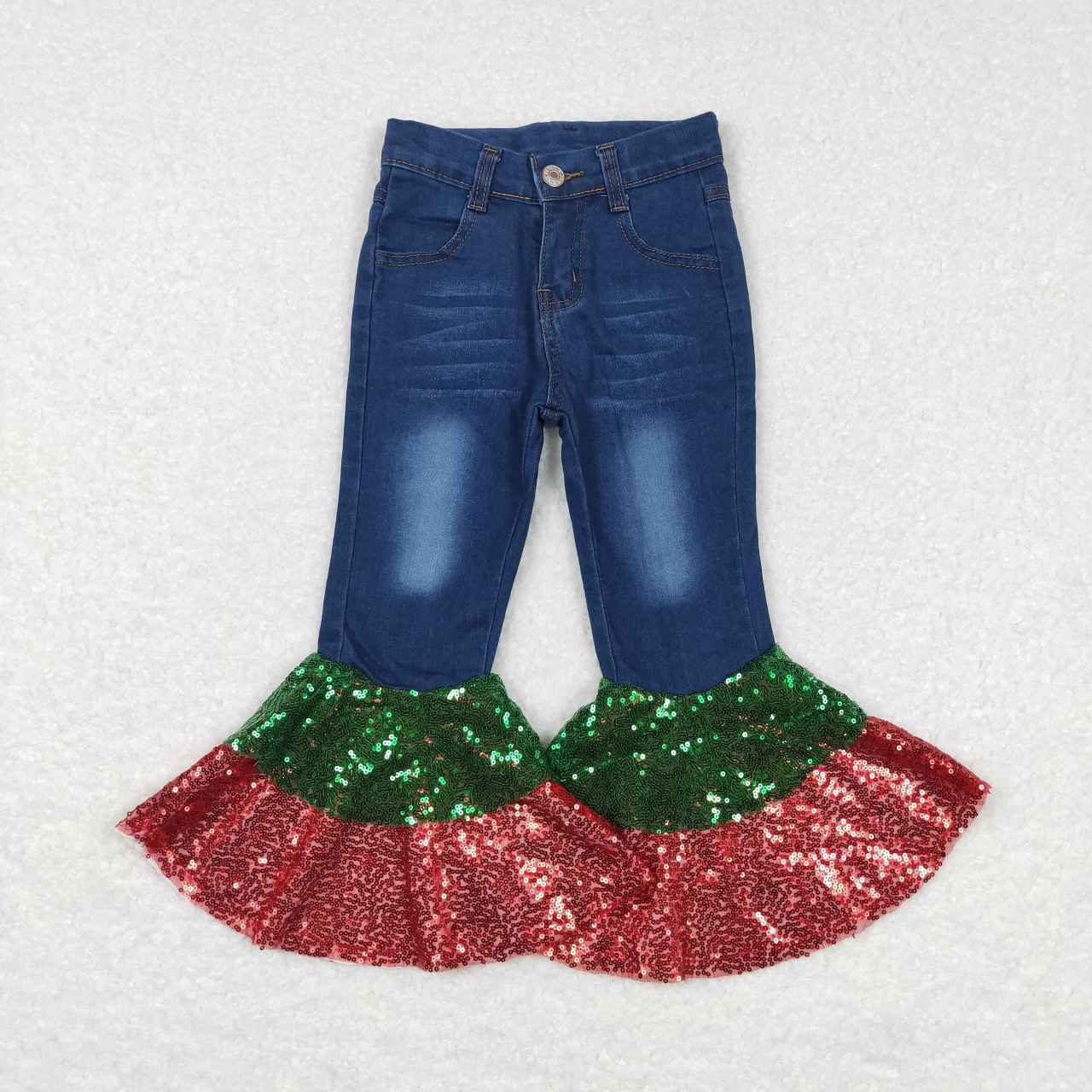 P0113 Red green sequined denim trousers