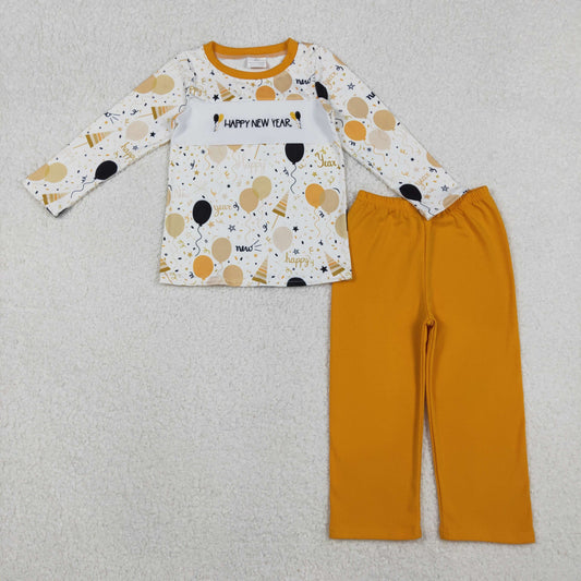 RTS NO MOQ（In Stock) BLP1299 Embroidered Happy New Year Balloon Boy Long-Sleeved Pants Set