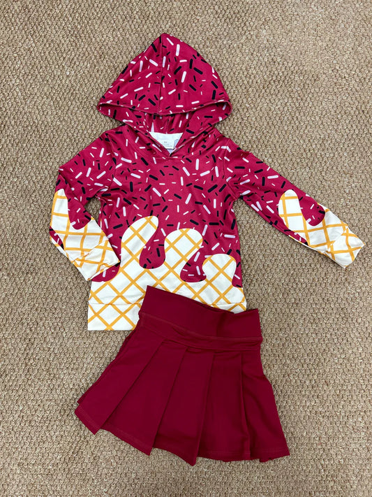 RTS NO MOQ Baby Girls Dark Red Drip Hoodie Top Yoga Skort Team Sets