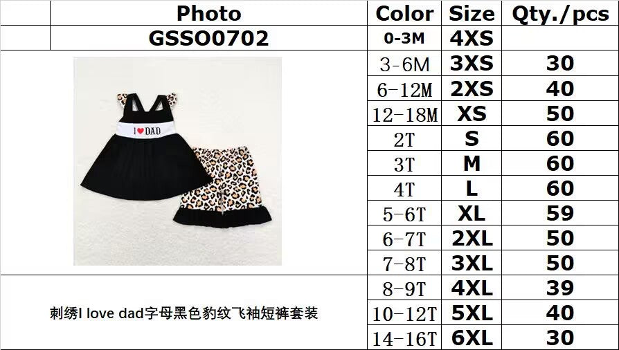 GSSO0702 Embroidered I love dad lettering black leopard print flying sleeve shorts suit