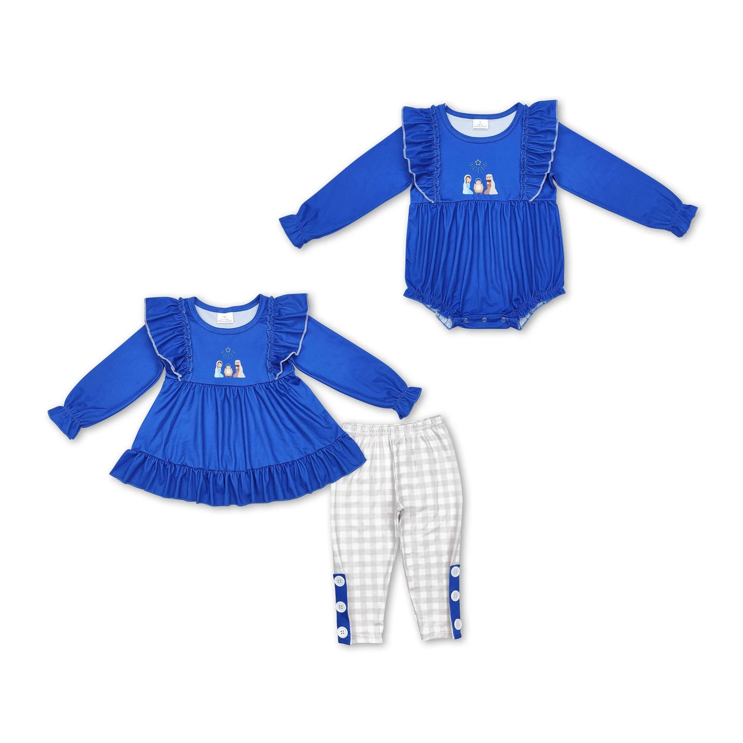 RTS NO MOQ GLP1597 LR1473 Nativity pattern sapphire blue pleated long sleeve suit & romper