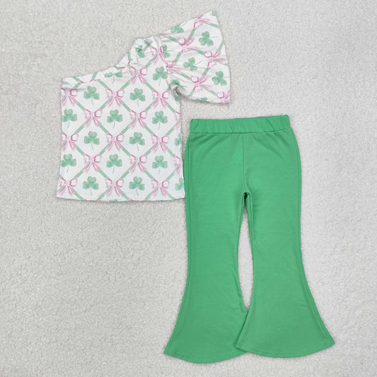 RTS NO MOQ ETA 5/7days Arrived GSPO1793 Green trouser suit with one-shoulder sleeves and four-leaf clover bow pattern