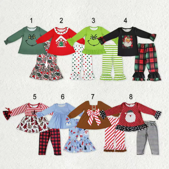 RTS NO MOQ Sibling baby girl clothes Christmas cartoon bow long sleeve pants Sets