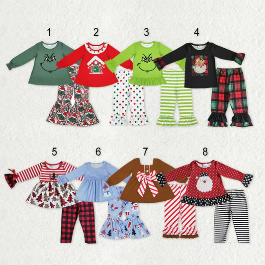 RTS NO MOQ Sibling baby girl clothes Christmas cartoon bow long sleeve pants Sets