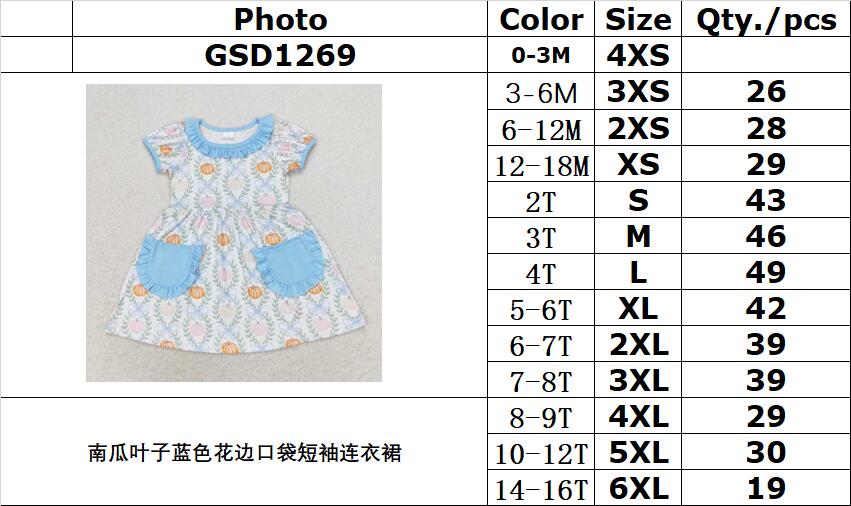 RTS no moq GSD1269 Pumpkin leaf blue lace pocket short-sleeved dress