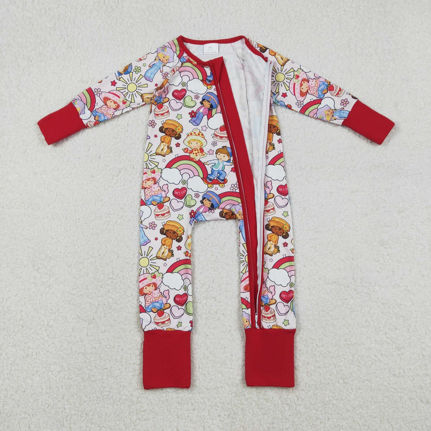 RTS NO MOQ（In Stock ) Valentine's Day Cartoon Rainbow Red Zipper Long-Sleeve Jumpsuit