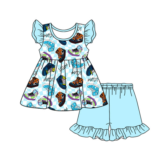 Custom moq 3 eta 7/8week moq 5 eta /4/5week baby girl clothes cartoon flying Sleeve Top Top Shorts Set