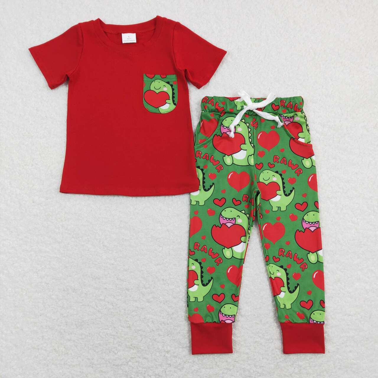 BSPO0229 rawr love dinosaur pocket red short-sleeved green trousers suit