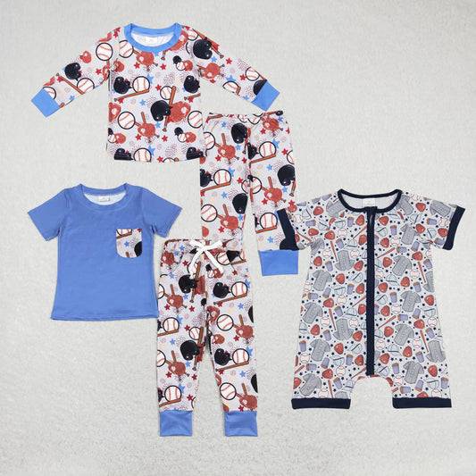 Baby boys Sporty Baseball Print Gray Blue Sibling Rompers Clothes Sets