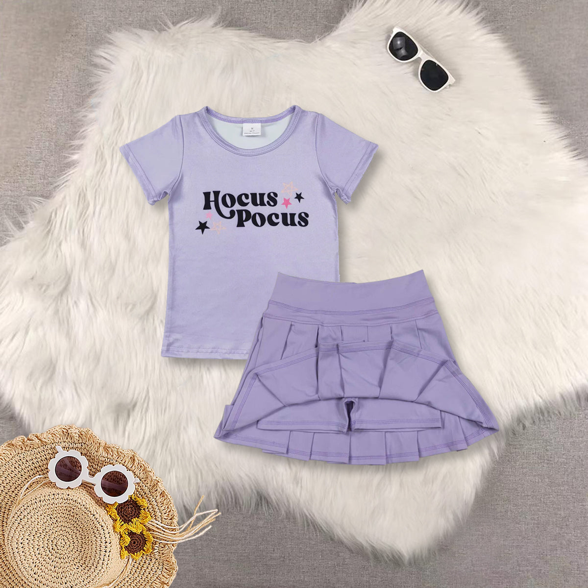 RTS NO MOQ Sibling baby girls clothes hocus purple short sleeve short skirts sets and Top and yoga skirts
