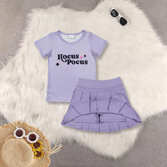 RTS NO MOQ Sibling baby girls clothes hocus purple short sleeve short skirts sets and Top and yoga skirts