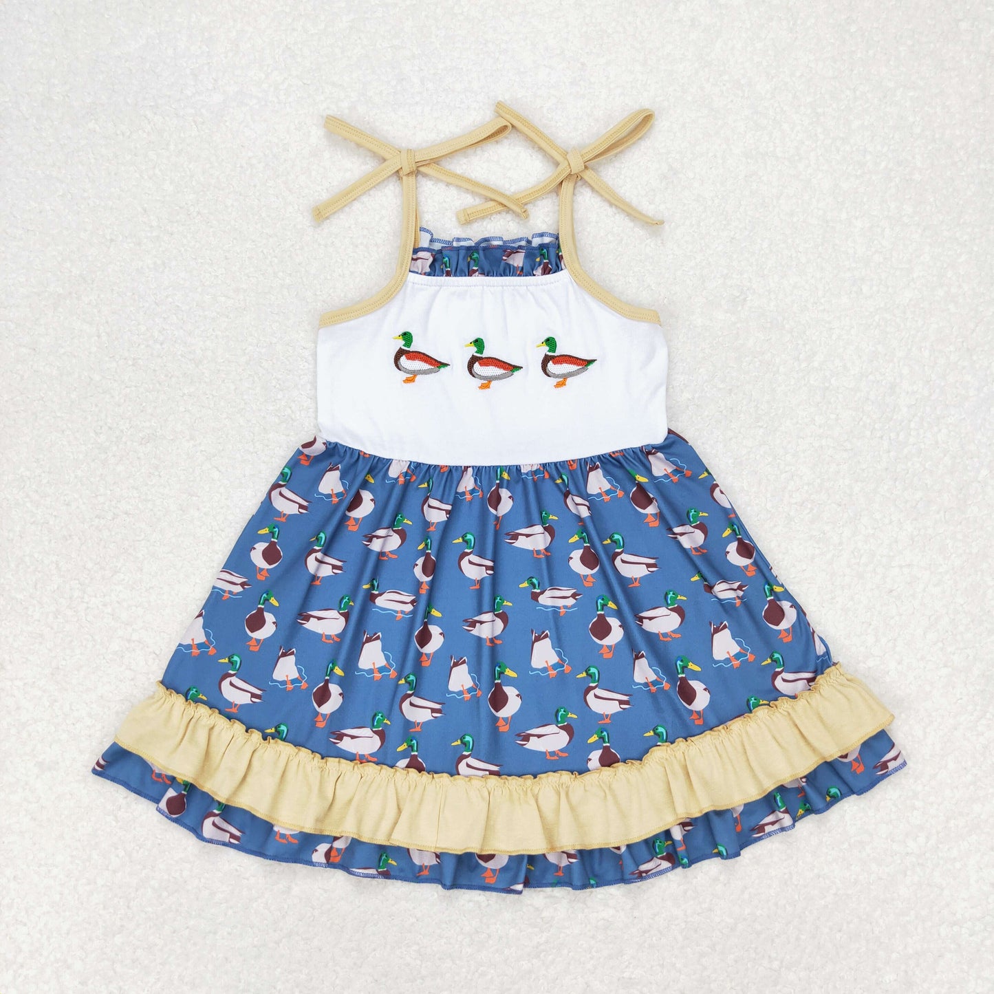 RTS no moq GSD0891 Embroidered duck light brown lace blue suspender dress