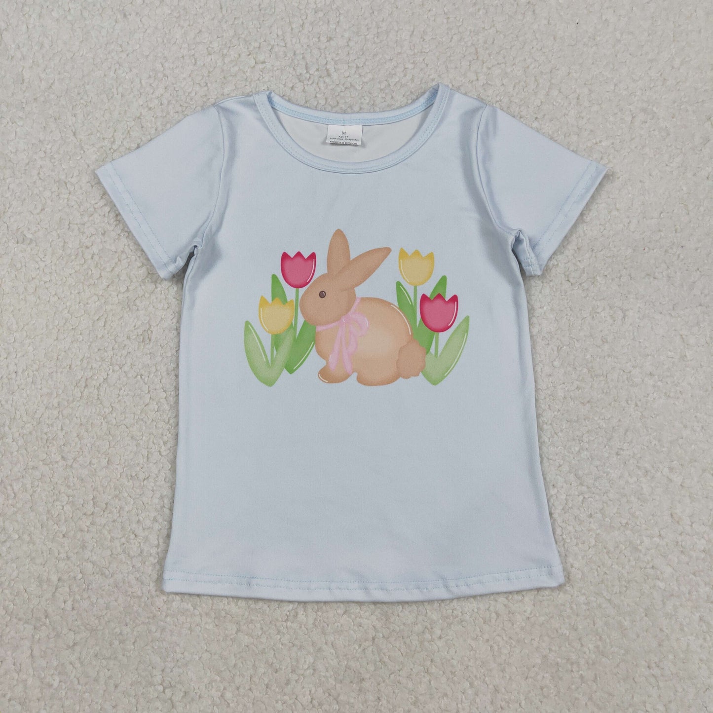 RTS NO MOQ（In Stock) Flower Bow Bunny Blue Short-Sleeve Top
