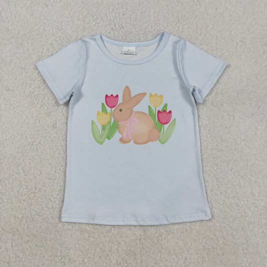 RTS NO MOQ（In Stock) Flower Bow Bunny Blue Short-Sleeve Top