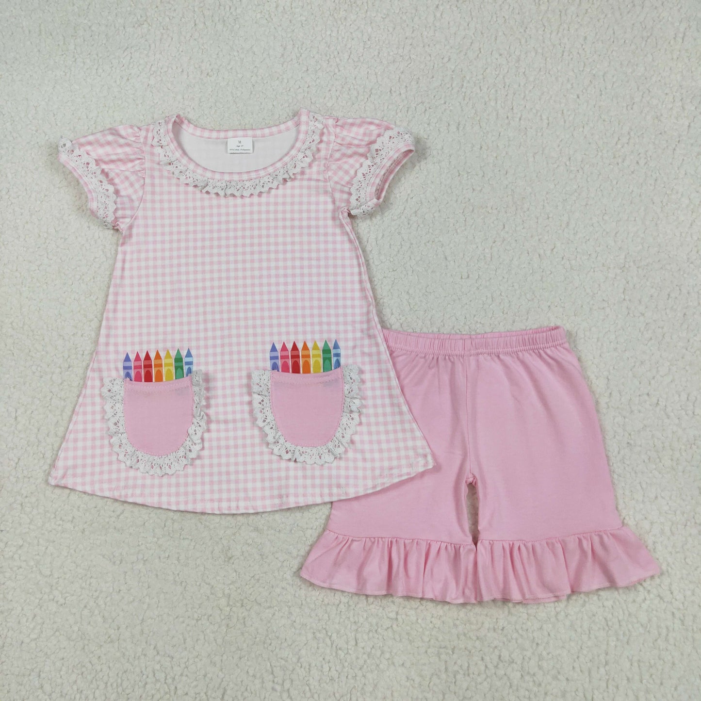 RTS NO MOQ GSSO2388 Back to school crayon pocket pink plaid short-sleeved shorts set