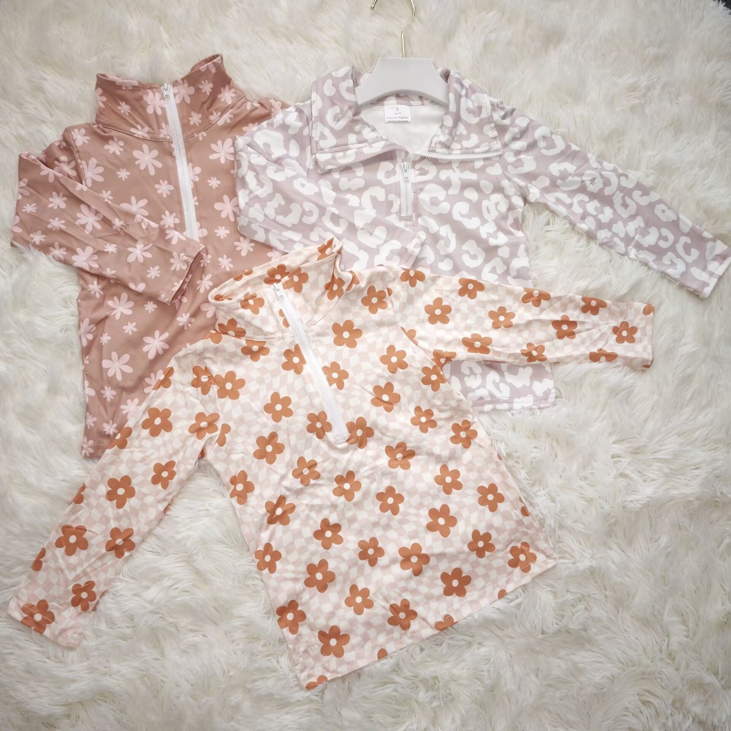 RTS NO MOQ Sibling Baby Girls clothes floral Zipper Stand Collar Pullover Long Sleeve Tops