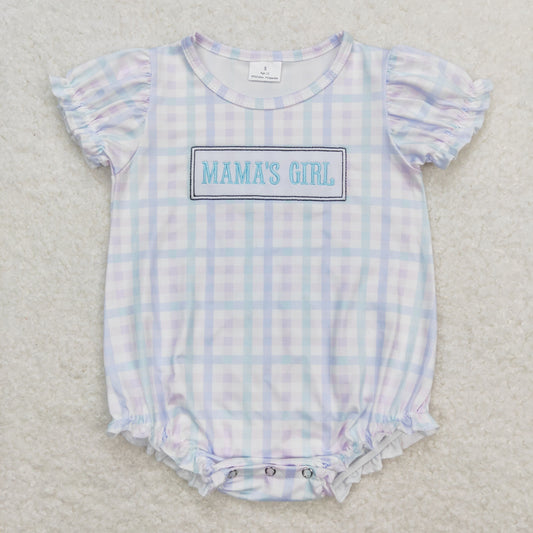 SR1091 mama's girl embroidered lettering colorful plaid lace short-sleeved jumpsuit