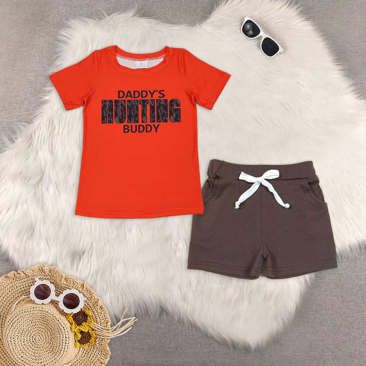 RTS NO MOQ BT0672+SS0134 baby boy clothes DADDY short-sleeved top Brown pocket shorts