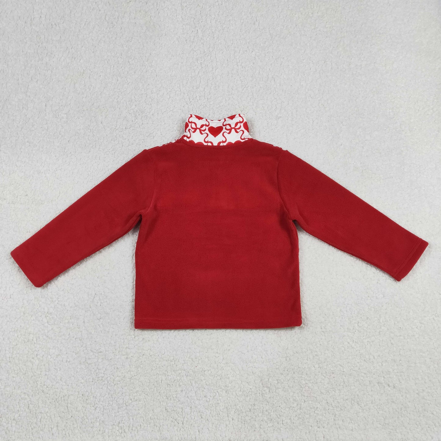 RTS NO MOQ（In Stock) Red Plush Zipper Long-Sleeve Top with Heart and Bow Design