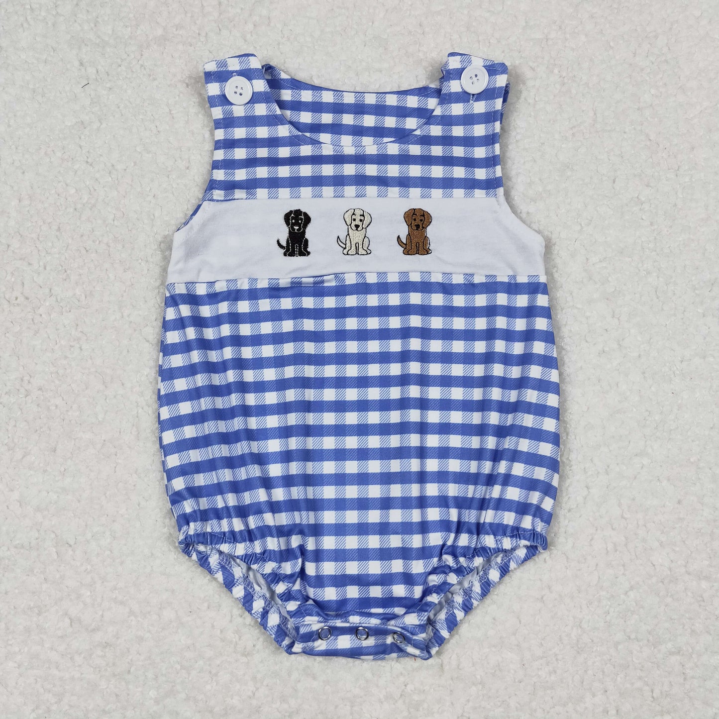 RTS NO MOQ（In Stock) Embroidered Three Puppies Blue and White Plaid Vest Jumpsuit