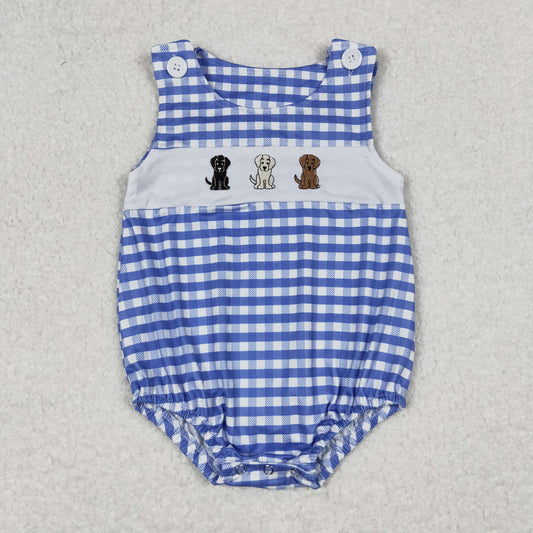 RTS NO MOQ（In Stock) Embroidered Three Puppies Blue and White Plaid Vest Jumpsuit