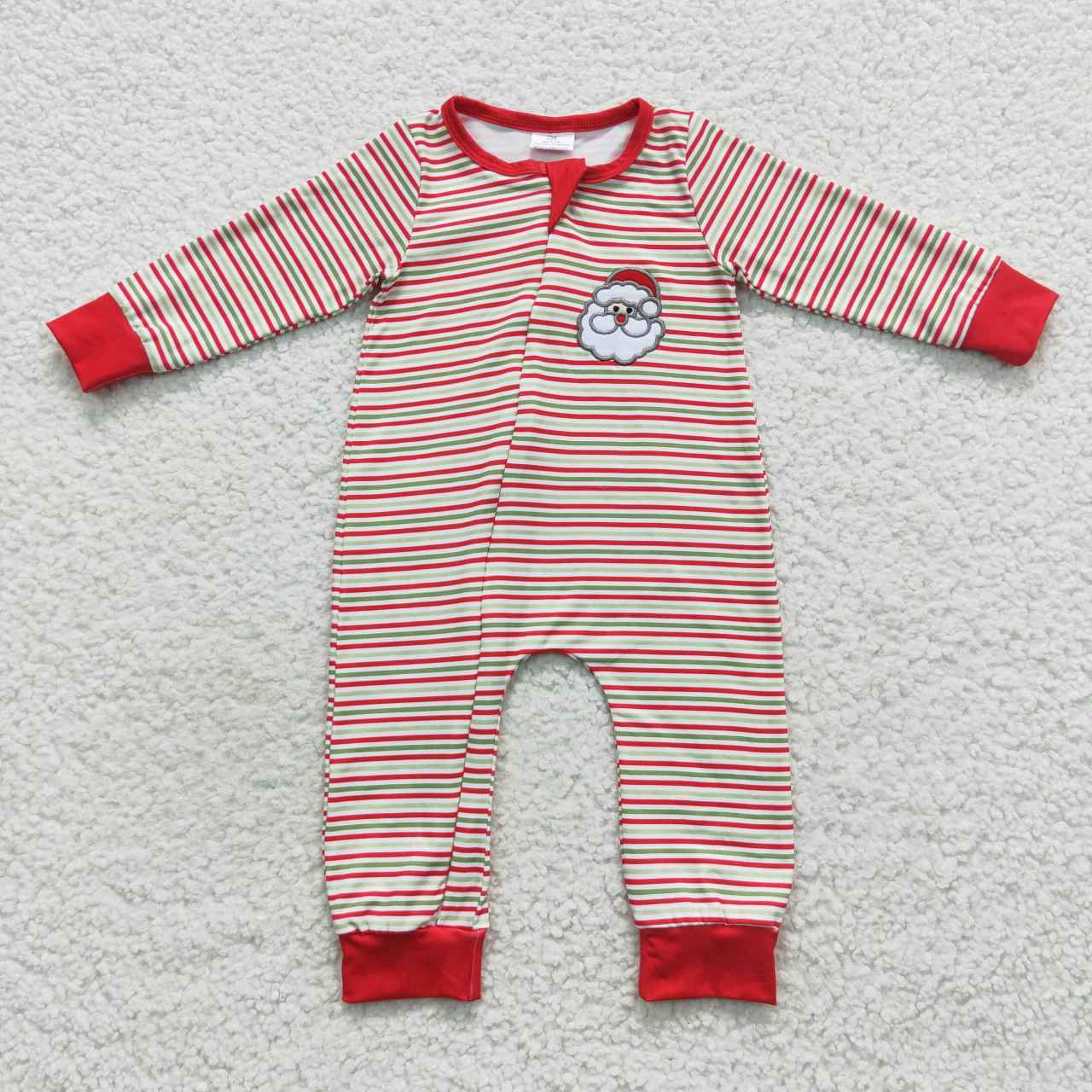 LR0442 Embroidered Santa Red and Green Stripe Zip Long Sleeve Bodysuit