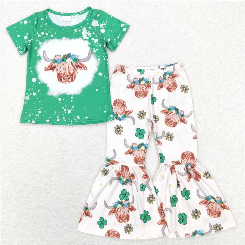 RTS NO MOQ St. Patrick's Four Leaf Clover alpine green short-sleeved dress and short-sleeved pants set