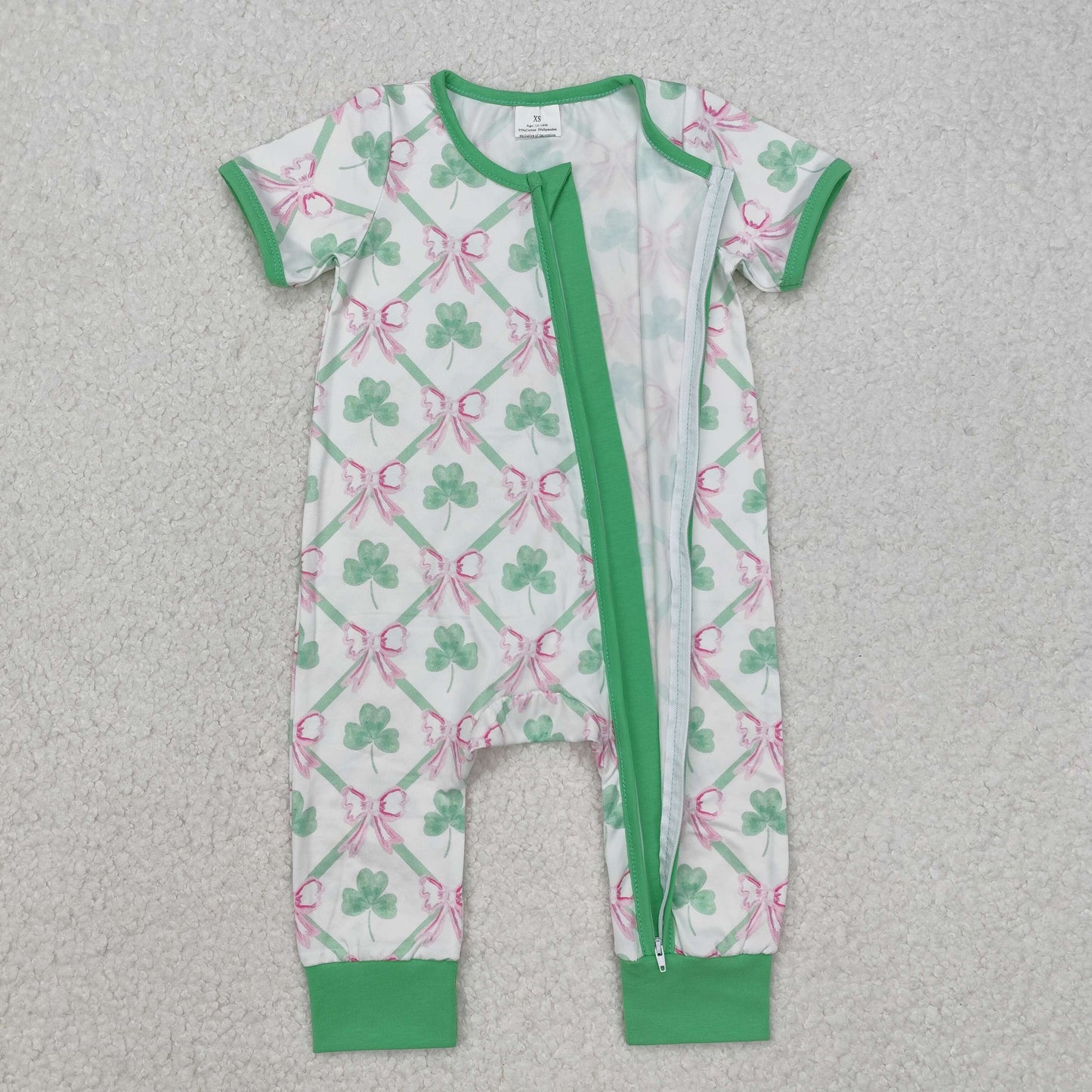 RTS NO MOQ ETA 5/7days arrived SR2109 Four-leaf clover bow pattern green and white zipper short-sleeved jumpsuit