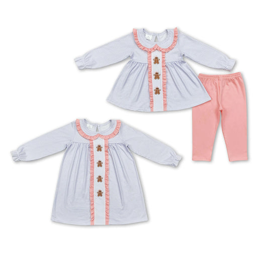 RTS NO MOQ Sibling baby girl clothes Christmas Pink Pleated Doll Collar Light Purple Striped Long Sleeve Suit & Dress