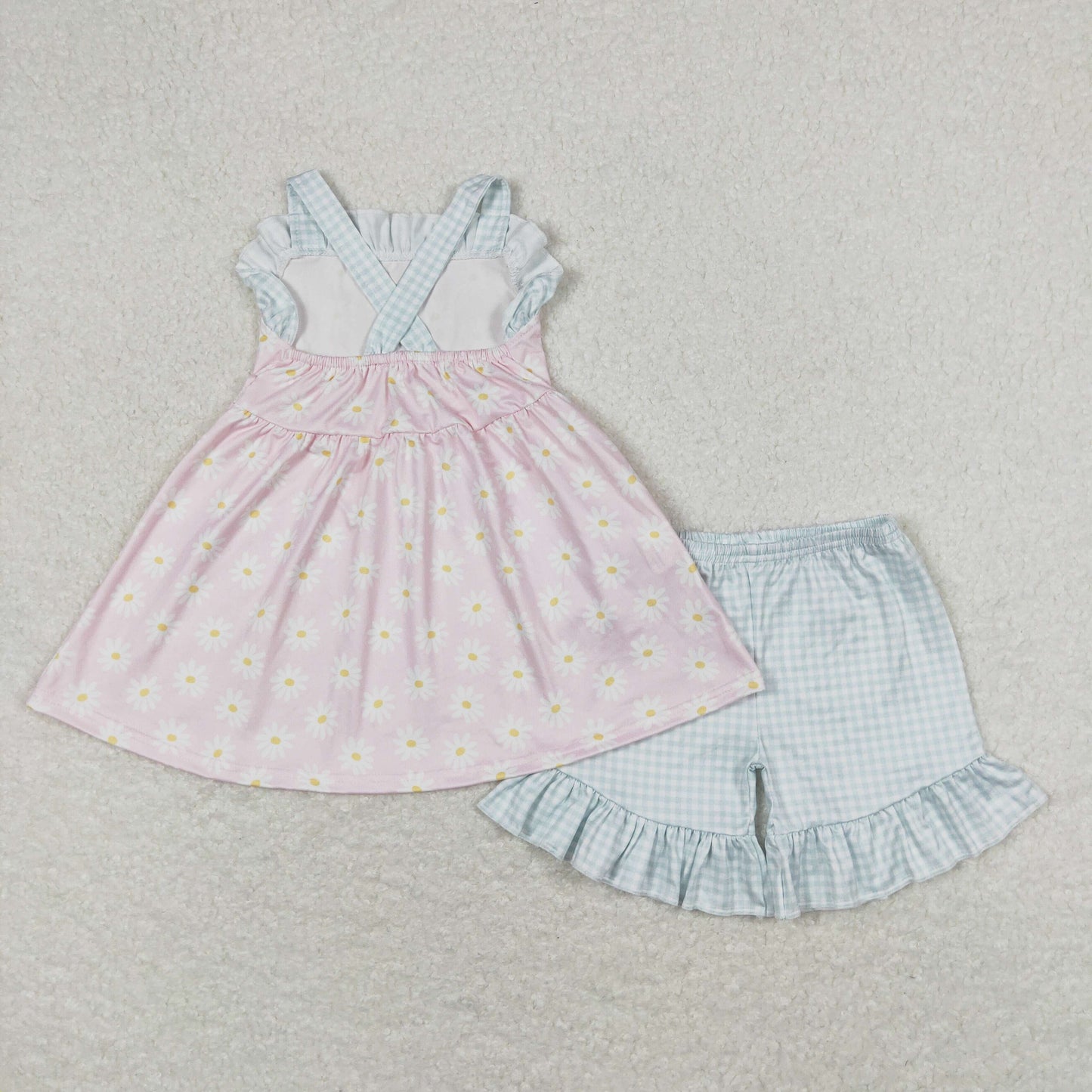 GSSO0724 Daisy flower plaid lace pink sleeveless shorts suit