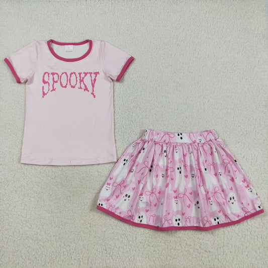 RTS NO MOQ（In Stock) GSD2776 Spooky Short-Sleeved Ghost Heart Bow Pattern Pink Skirt Set