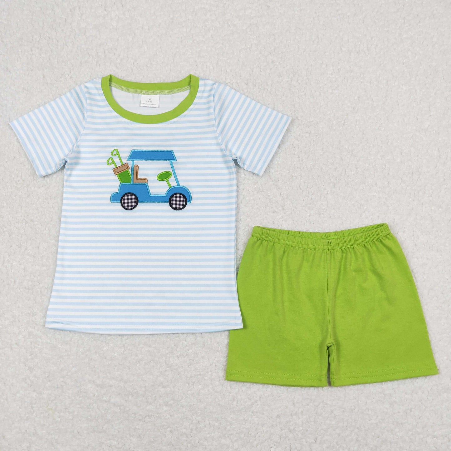 BSSO0394 Embroidery Golf Sightseeing Car Blue and White Striped Short Sleeve Green shorts suit