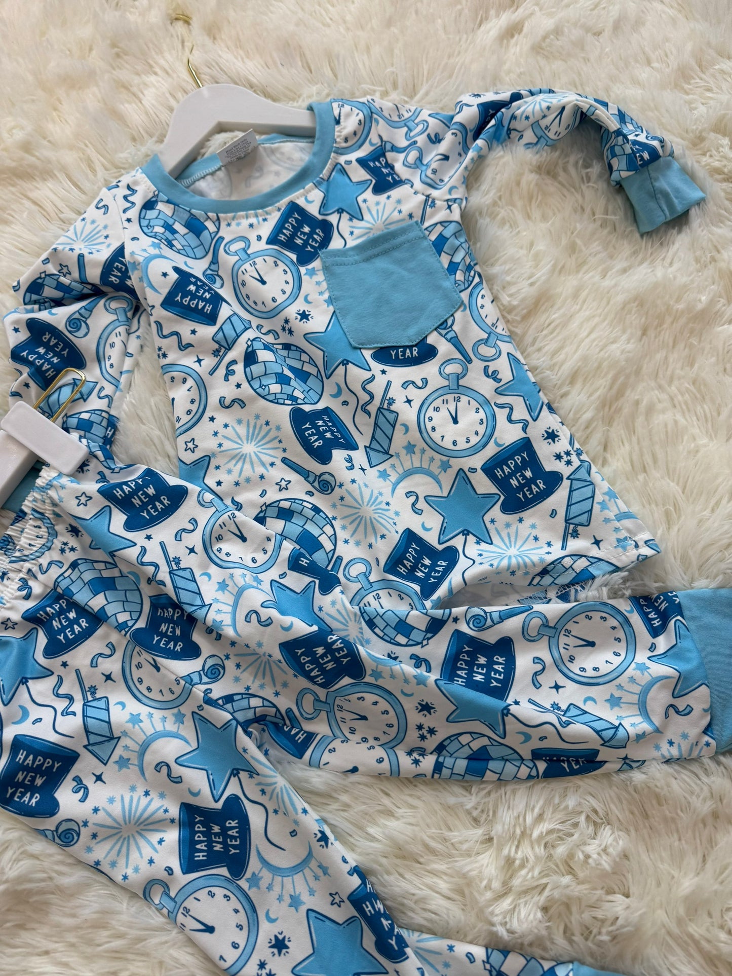 12/18M-7/8T RTS NO MOQ（In Stock) BLP1259 New Year's Alarm Clock Fireworks Blue Long-Sleeved Pants Pajama Set