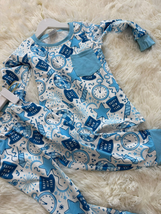 12/18M-7/8T RTS NO MOQ（In Stock) BLP1259 New Year's Alarm Clock Fireworks Blue Long-Sleeved Pants Pajama Set