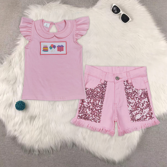 RTS NO MOQ GT0501+SS0230 Girls pink white short-sleeved top sequin denim shorts sets