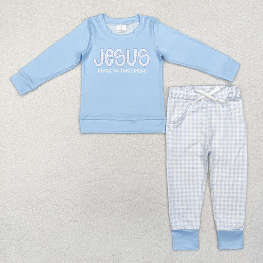 RTS NO MOQ ETA 5/7days Arrived BLP0767 Jesus letter light blue long-sleeved striped trousers set