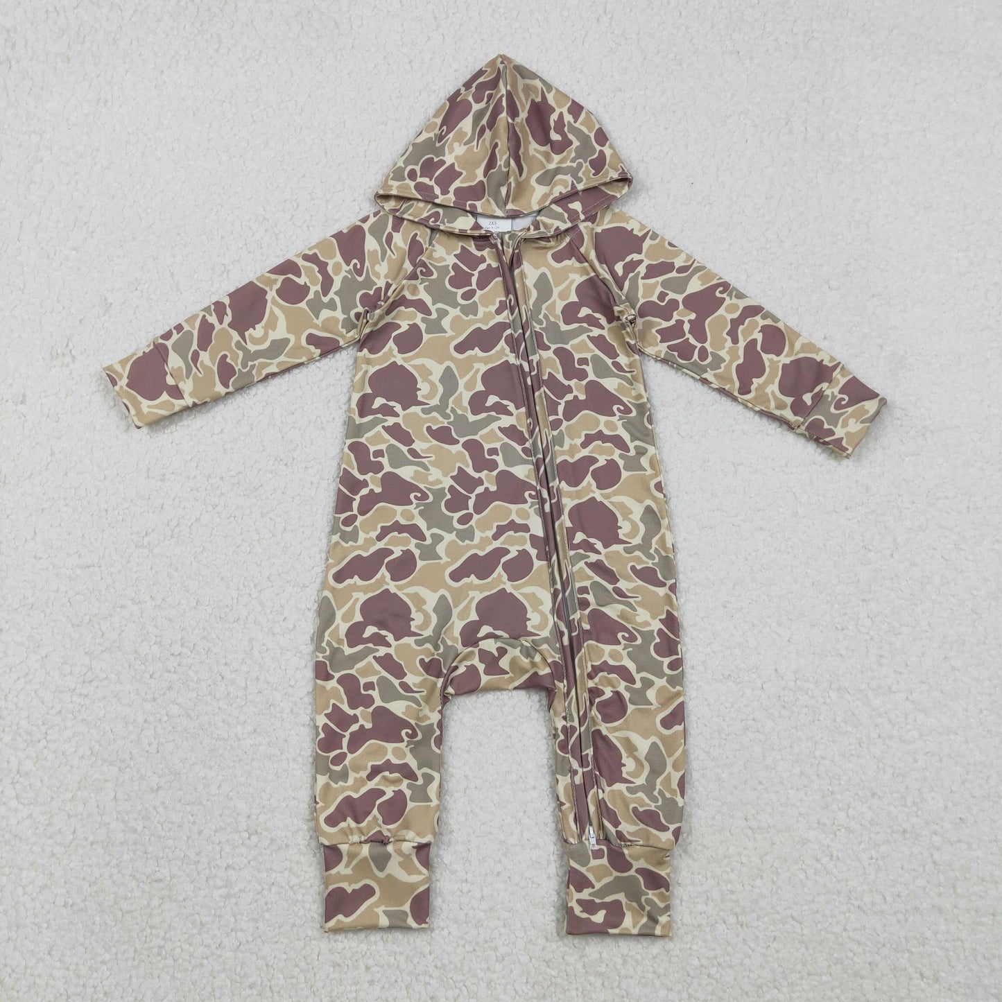 RTS NO MOQ（In Stock ) Light Brown-Green Camouflage Hooded Zipper-Up Long-Sleeve Jumpsuit
