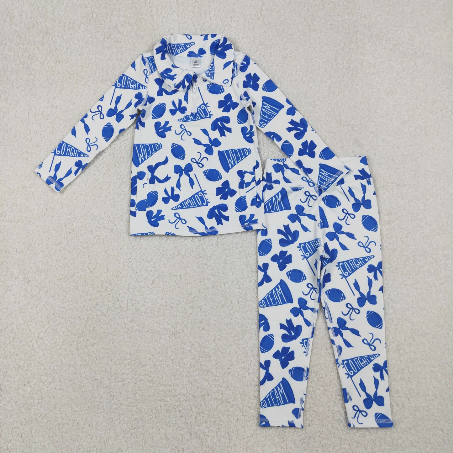 RTS NO MOQ（In Stock) GT1195+P0845 Football blue flared bow pattern zippered long-sleeved yoga top pants set