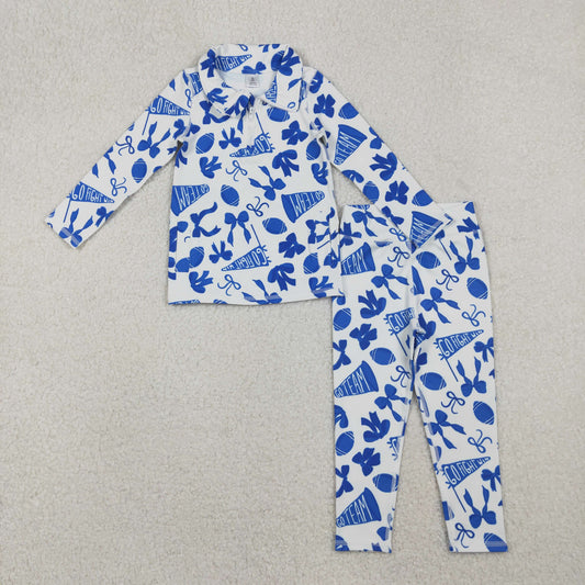 RTS NO MOQ（In Stock) GT1195+P0845 Football blue flared bow pattern zippered long-sleeved yoga top pants set