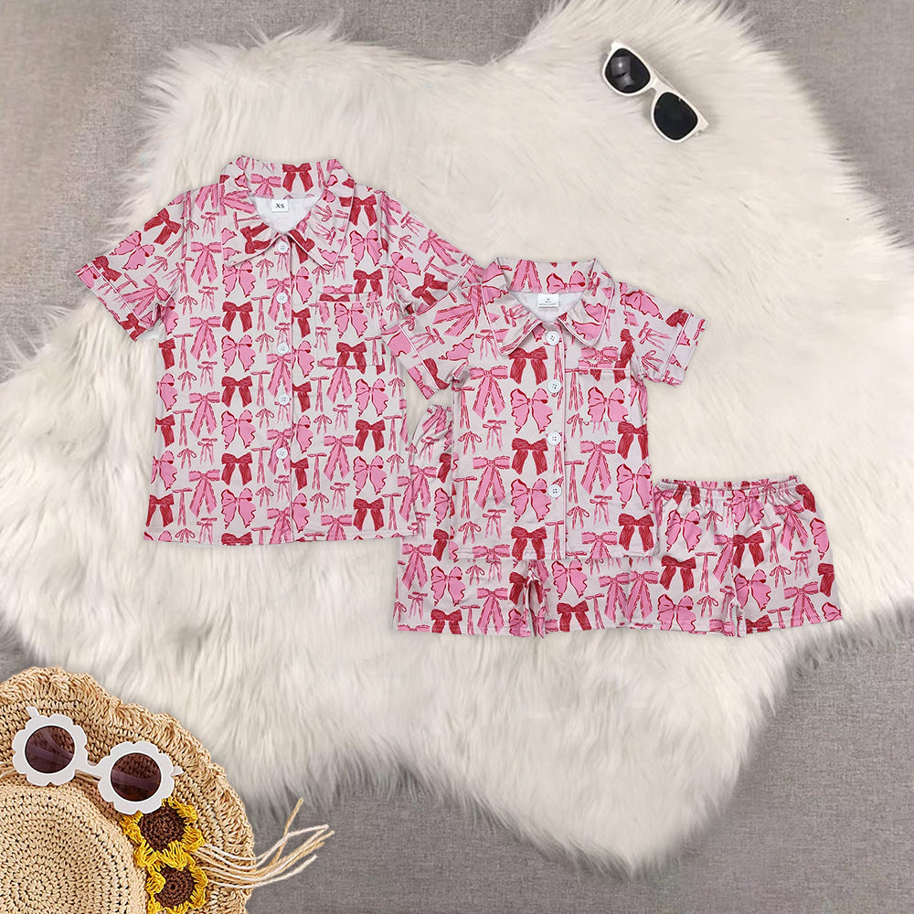 RTS NO MOQ Adult Girls bow Short Sleeve Shorts Pajama Set & kids shorts sets