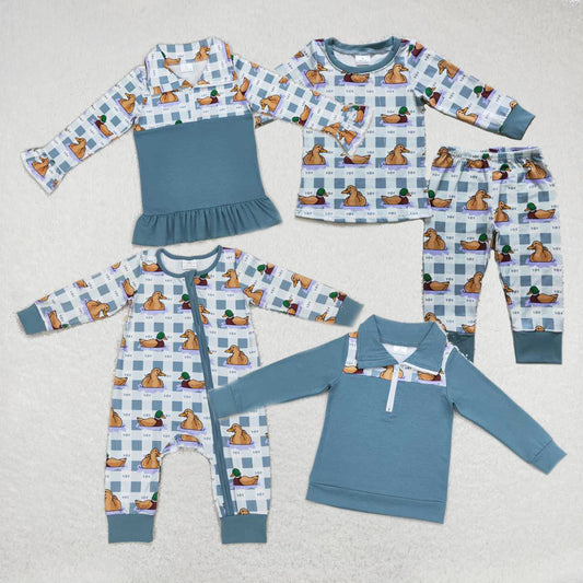 Baby Kids durk blue Embroidery Sibling Rompers Clothes Set