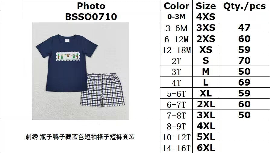 rts no moq BSSO0710 Embroidered Bottle Duck Navy Blue Short Sleeve Plaid Shorts Set