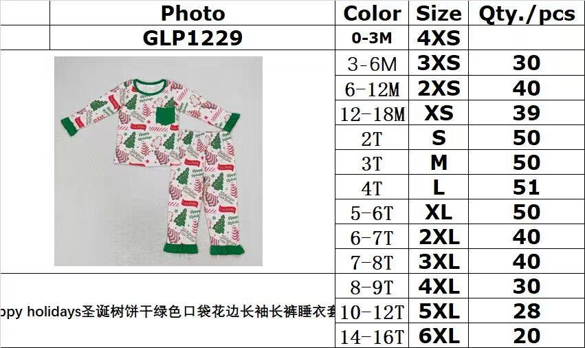 rts no moq GLP1229 Happy holidays Christmas tree cookie green pocket lace long-sleeved trousers pajama set