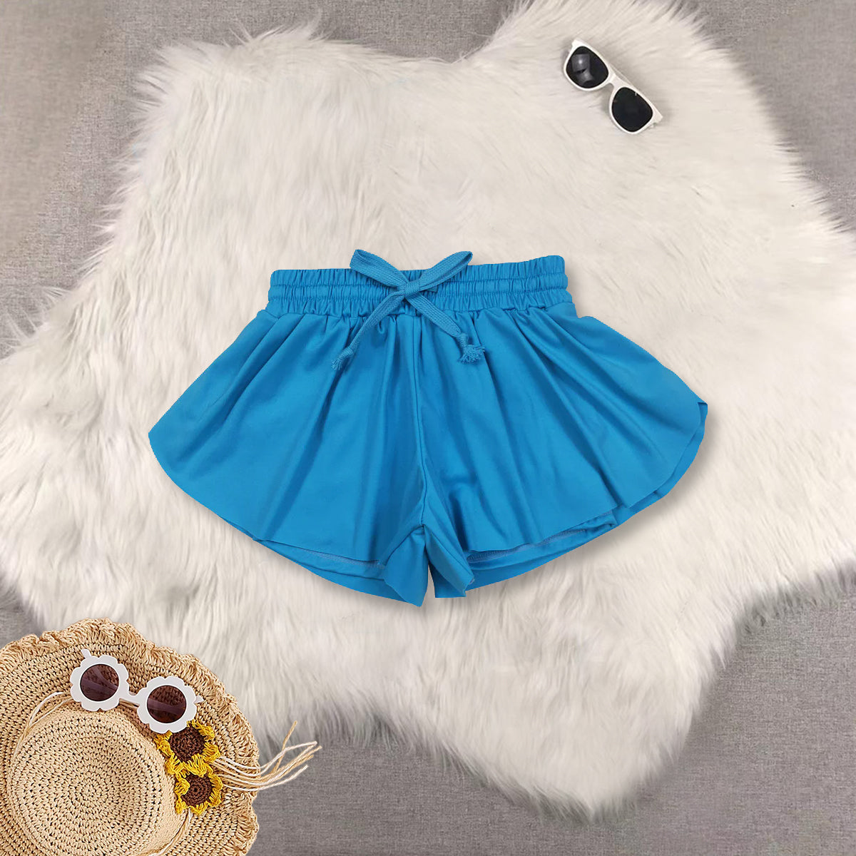 RTS NO MOQ Sibling baby girls clothes yoga Pure blue sleeveless short sets and Top and shorts