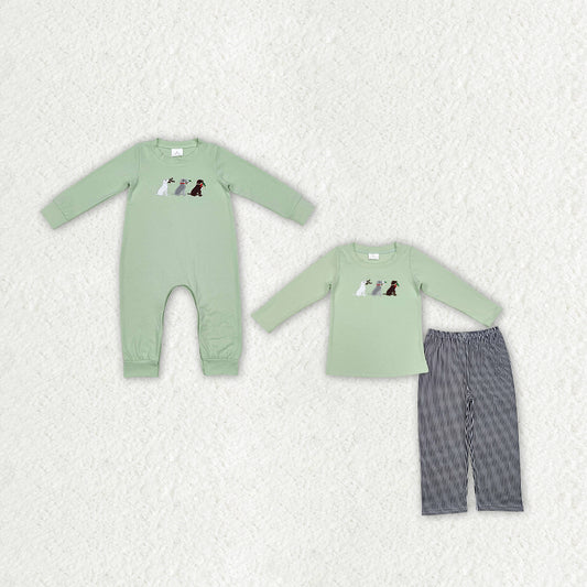 RTS NO MOQ LR1496 BLP0741 Three Puppies Pattern Light Green Long Sleeve Suit & Crawling Suit