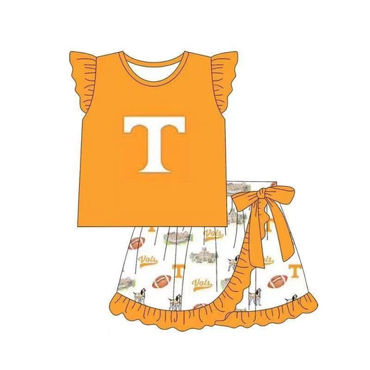Custom summer team clothes baby girl clothes team orange flying sleeve shorts sets-25.5.6
