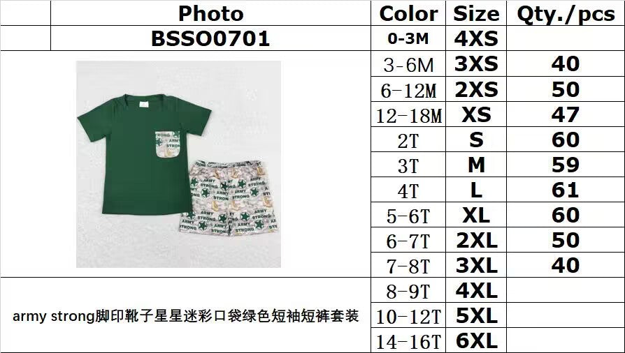 BSSO0701 army strong footprint boots stars camouflage pocket green short sleeve shorts suit