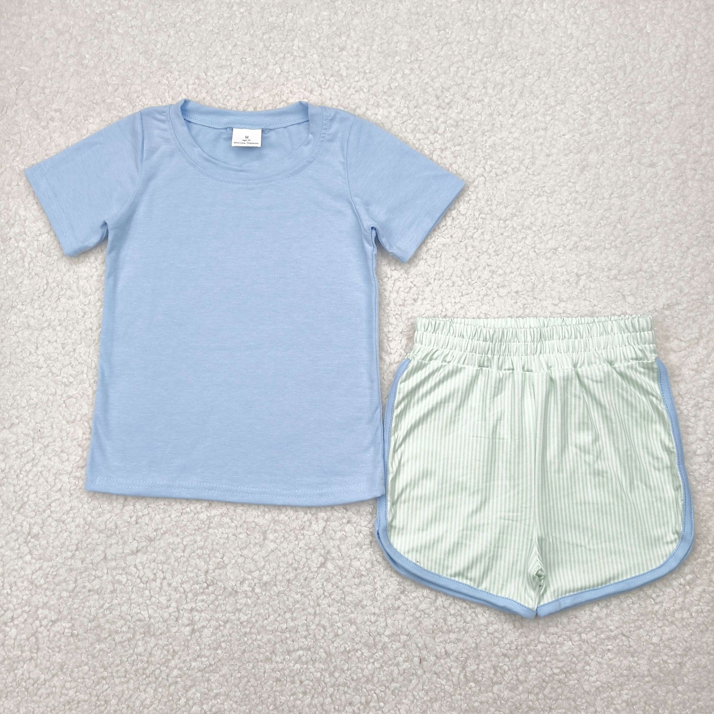 RTS NO MOQ BSSO1481 Pure blue short-sleeved green striped shorts set