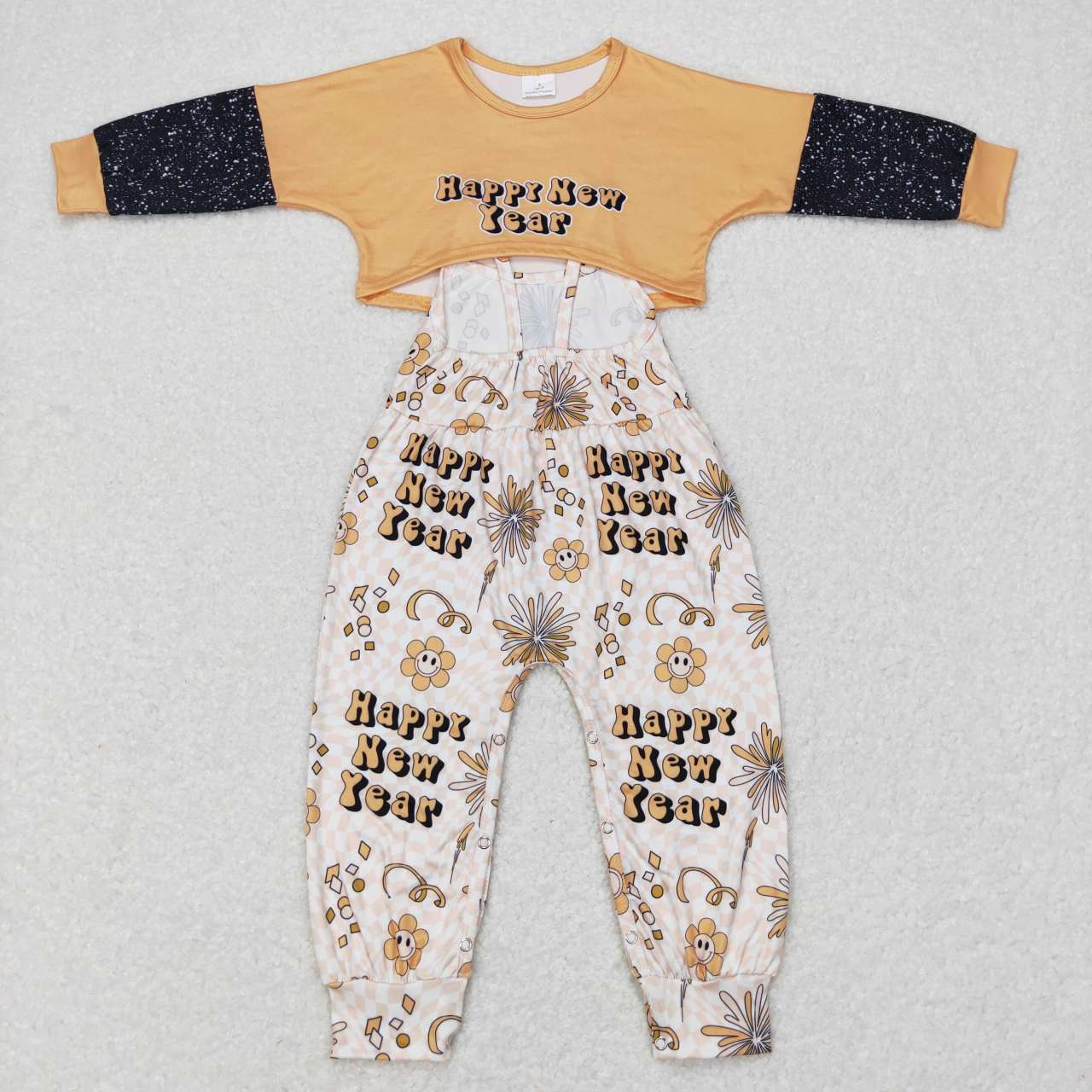 GLP0917 happy new year smiley plaid yellow long sleeve suspender jumpsuit suit